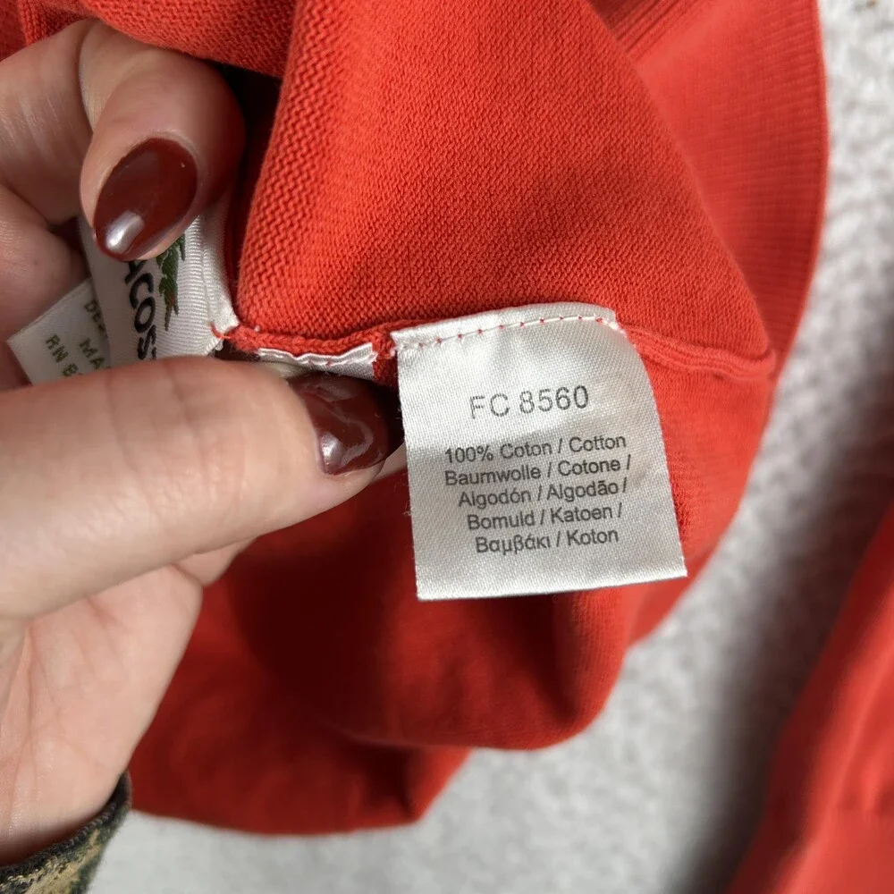 Lacoste Sweater Mens Large Orange Garment Dyed Cotton Crewneck Pullover Logo
